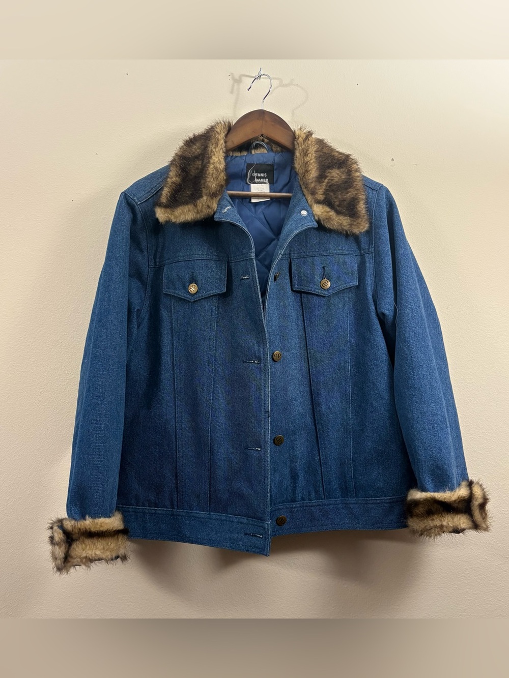 Vintage Dennis Basso Denim Jacket women’s M oversized Faux mink Fur collar trim